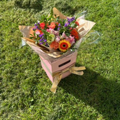 Bright and light - Bright and light bouquet with stocks chrysanthemum, carnation, Gemini, purple statice, pink spray roses , foliage, hypericum berries.